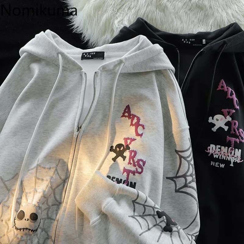 JazzHer Spider Print Harajuku Sweatshirts Coats Women Clothes Streetwear BF Hoodies Chic Hooded Y2k Tops Casual Zipper Oversized Hoodie