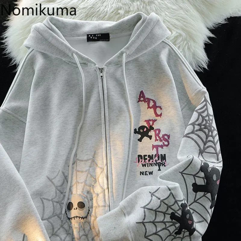 JazzHer Spider Print Harajuku Sweatshirts Coats Women Clothes Streetwear BF Hoodies Chic Hooded Y2k Tops Casual Zipper Oversized Hoodie