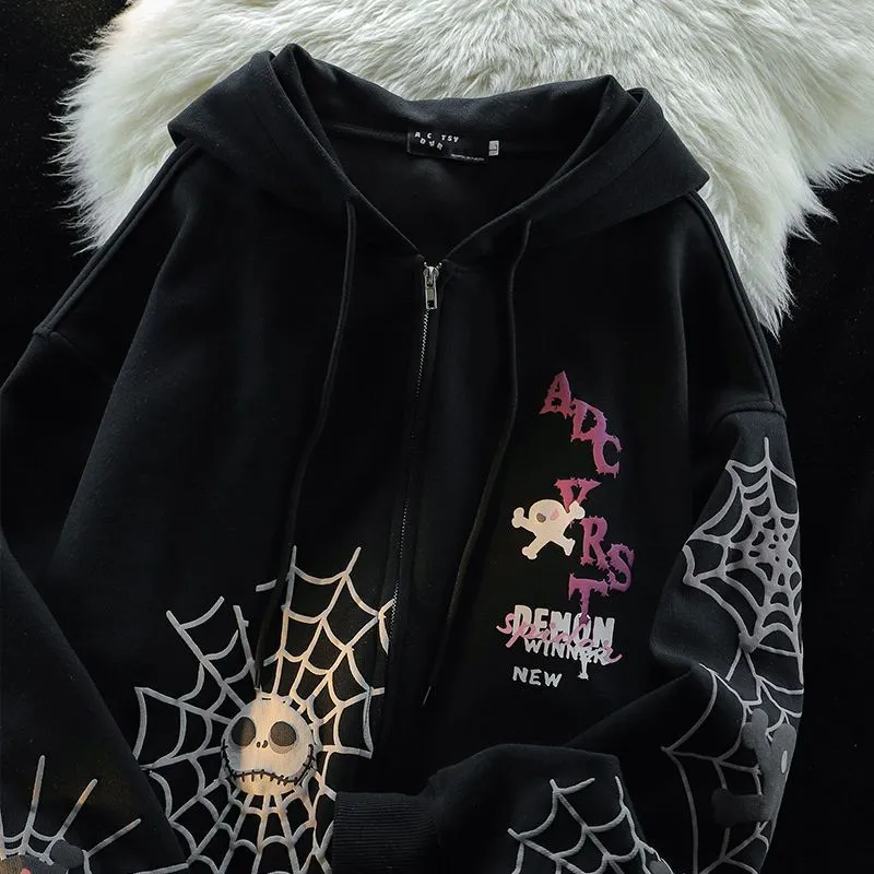 JazzHer Spider Print Harajuku Sweatshirts Coats Women Clothes Streetwear BF Hoodies Chic Hooded Y2k Tops Casual Zipper Oversized Hoodie