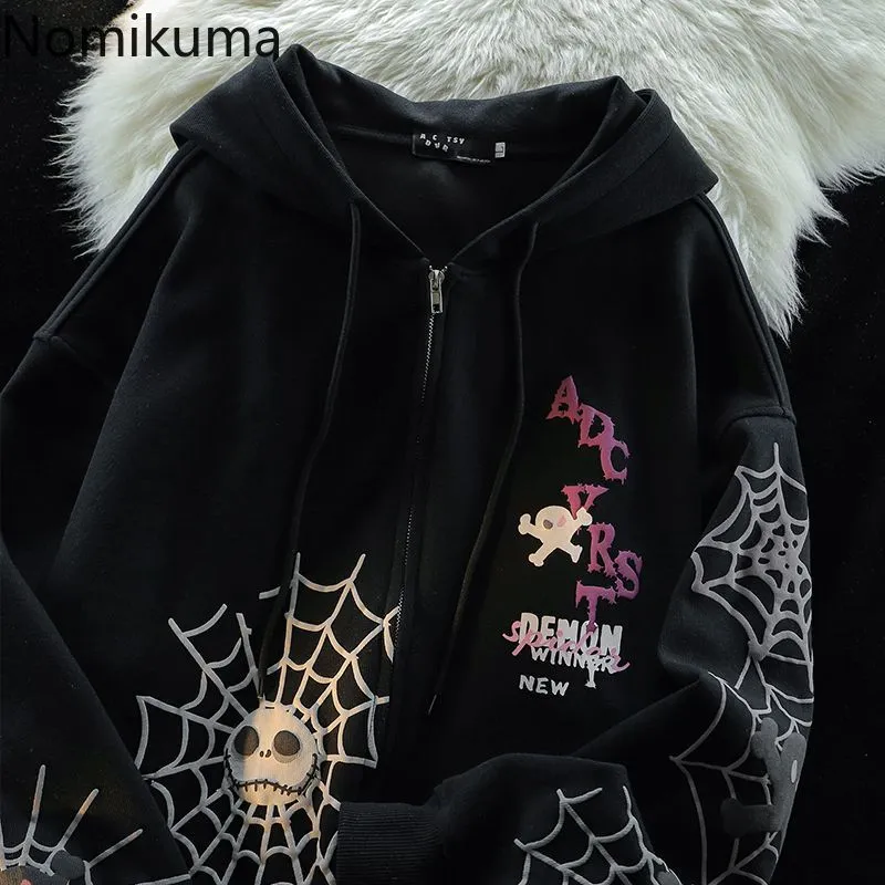 JazzHer Spider Print Harajuku Sweatshirts Coats Women Clothes Streetwear BF Hoodies Chic Hooded Y2k Tops Casual Zipper Oversized Hoodie