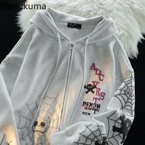 JazzHer Spider Print Harajuku Sweatshirts Coats Women Clothes Streetwear BF Hoodies Chic Hooded Y2k Tops Casual Zipper Oversized Hoodie