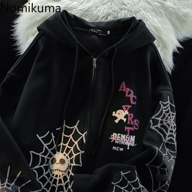 JazzHer Spider Print Harajuku Sweatshirts Coats Women Clothes Streetwear BF Hoodies Chic Hooded Y2k Tops Casual Zipper Oversized Hoodie