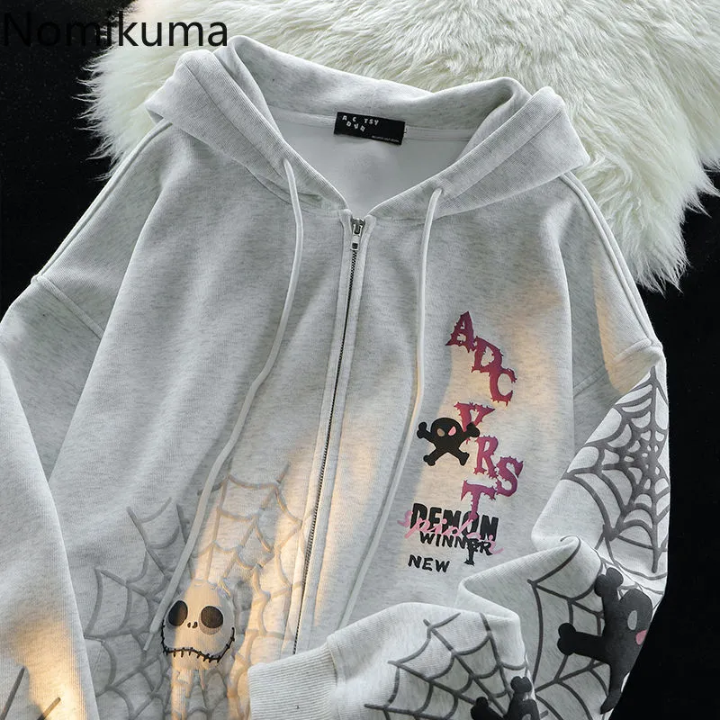 JazzHer Spider Print Harajuku Sweatshirts Coats Women Clothes Streetwear BF Hoodies Chic Hooded Y2k Tops Casual Zipper Oversized Hoodie