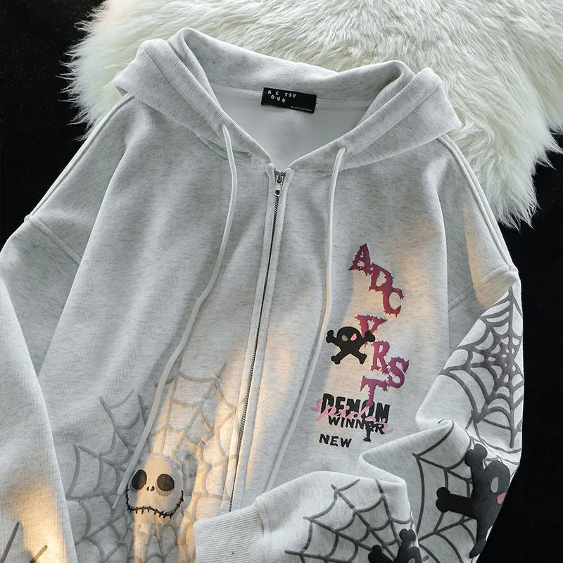 JazzHer Spider Print Harajuku Sweatshirts Coats Women Clothes Streetwear BF Hoodies Chic Hooded Y2k Tops Casual Zipper Oversized Hoodie