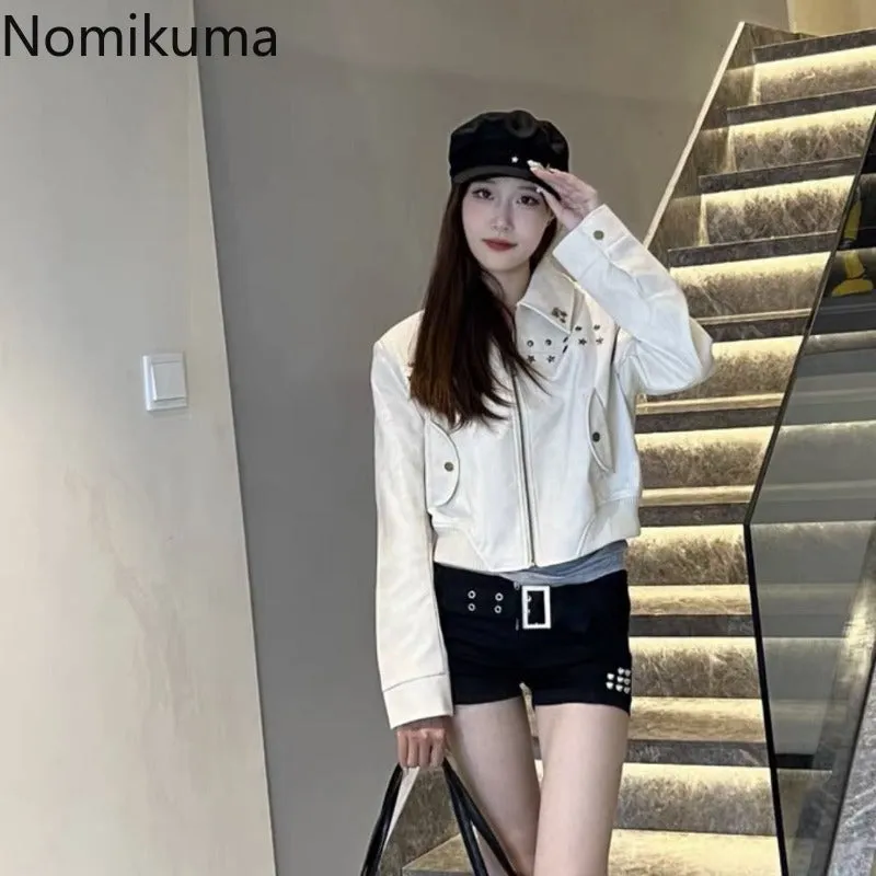 JazzHer Streetwear Vintage Leather Jackets Women Clothing Chic Rivet Casual PU Crop Tops 2025 Ropa Mujer Fashion Korean Harajuku Coats