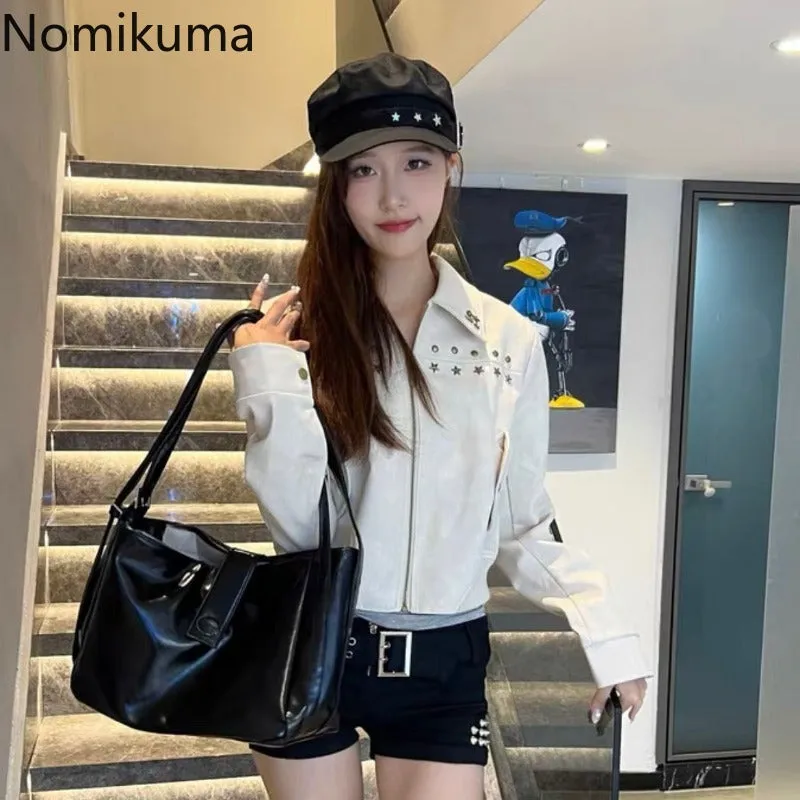 JazzHer Streetwear Vintage Leather Jackets Women Clothing Chic Rivet Casual PU Crop Tops 2025 Ropa Mujer Fashion Korean Harajuku Coats