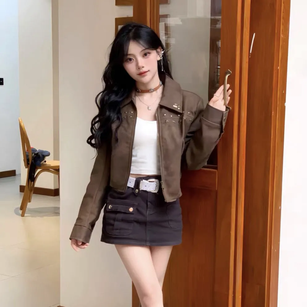 JazzHer Streetwear Vintage Leather Jackets Women Clothing Chic Rivet Casual PU Crop Tops 2025 Ropa Mujer Fashion Korean Harajuku Coats