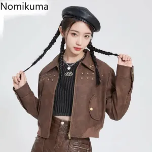 JazzHer Streetwear Vintage Leather Jackets Women Clothing Chic Rivet Casual PU Crop Tops 2025 Ropa Mujer Fashion Korean Harajuku Coats