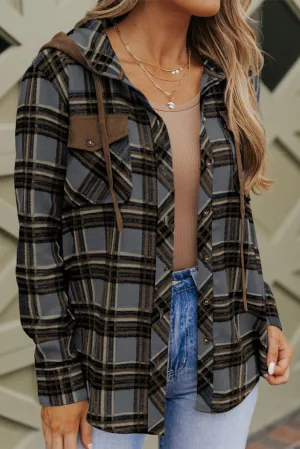 KaleaBoutique Contrast Hooded Drawstring Plaid Shacket