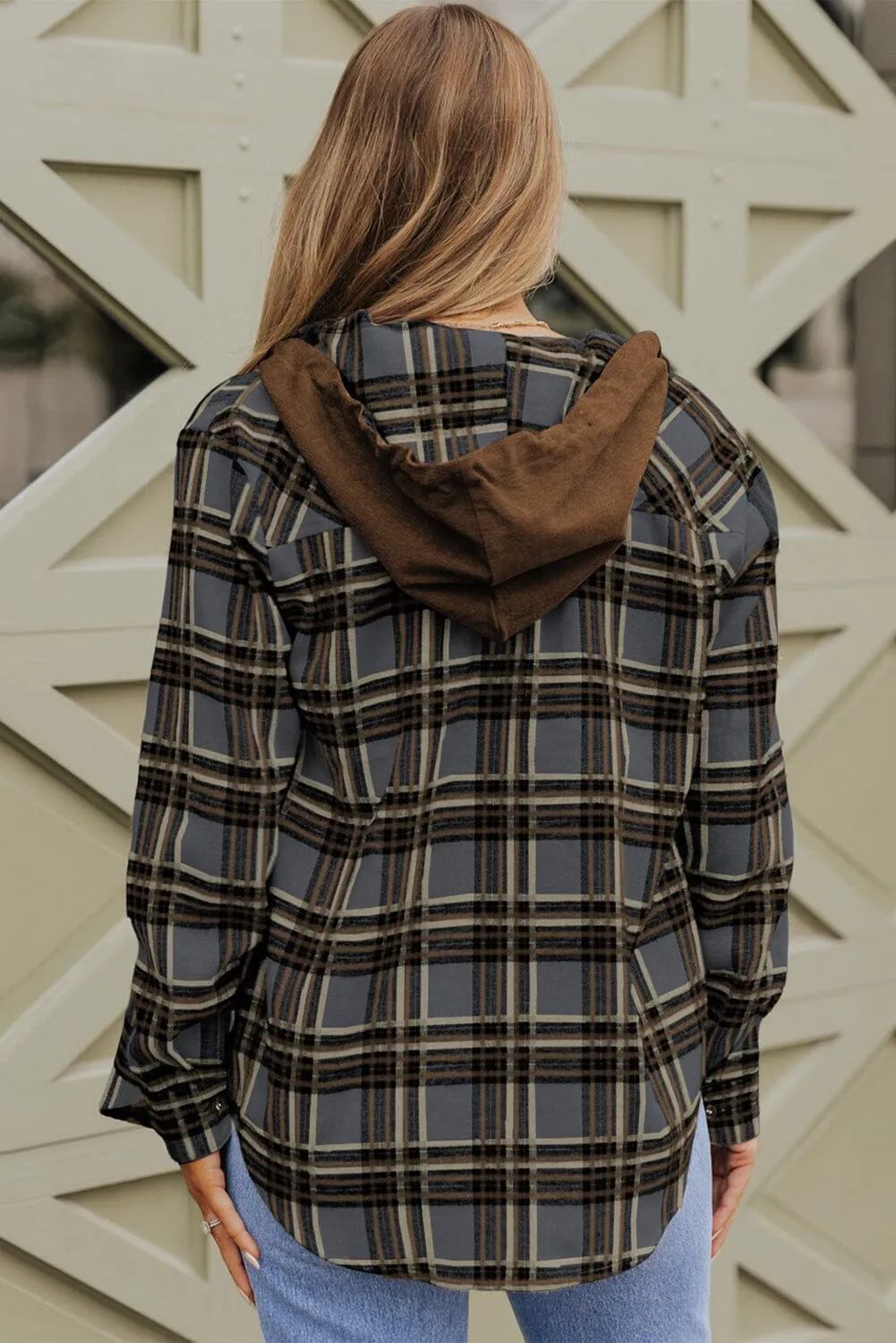 KaleaBoutique Contrast Hooded Drawstring Plaid Shacket