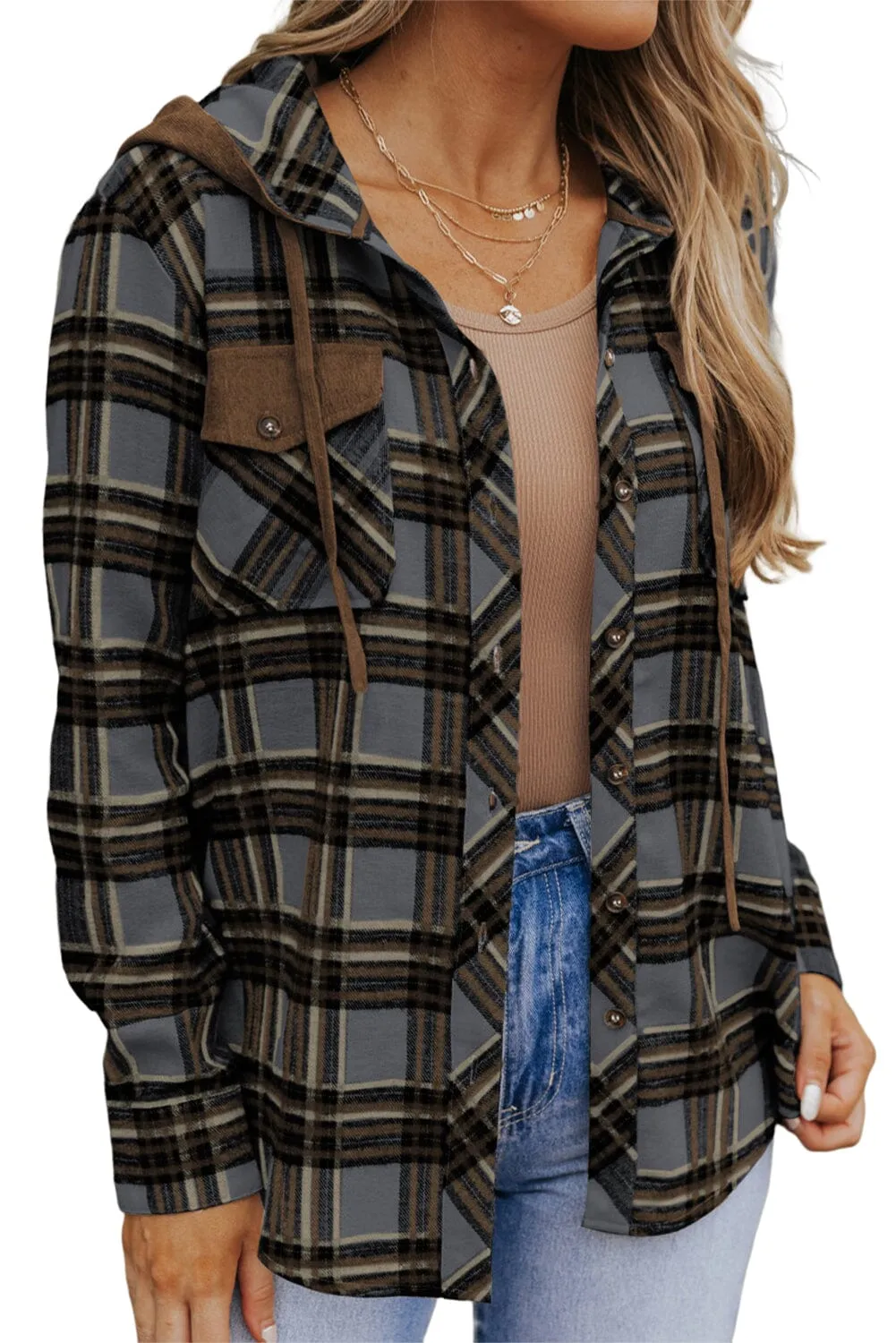 KaleaBoutique Contrast Hooded Drawstring Plaid Shacket