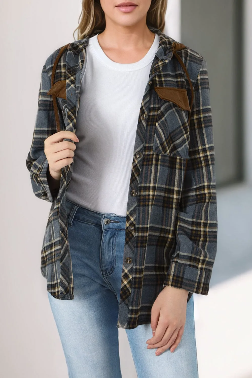 KaleaBoutique Contrast Hooded Drawstring Plaid Shacket