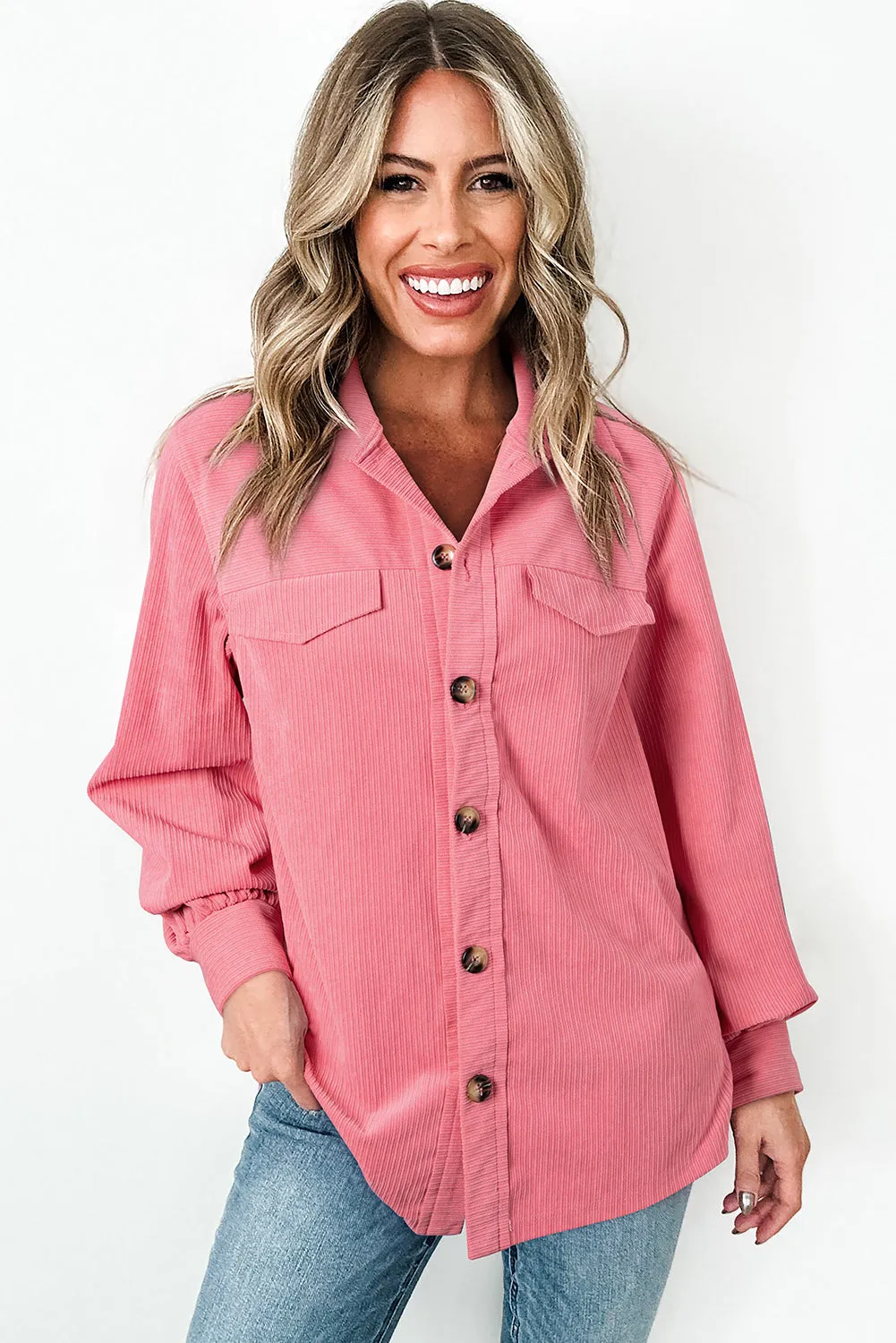 KaleaBoutique Corduroy Flap Detail Button Up Split Shacket