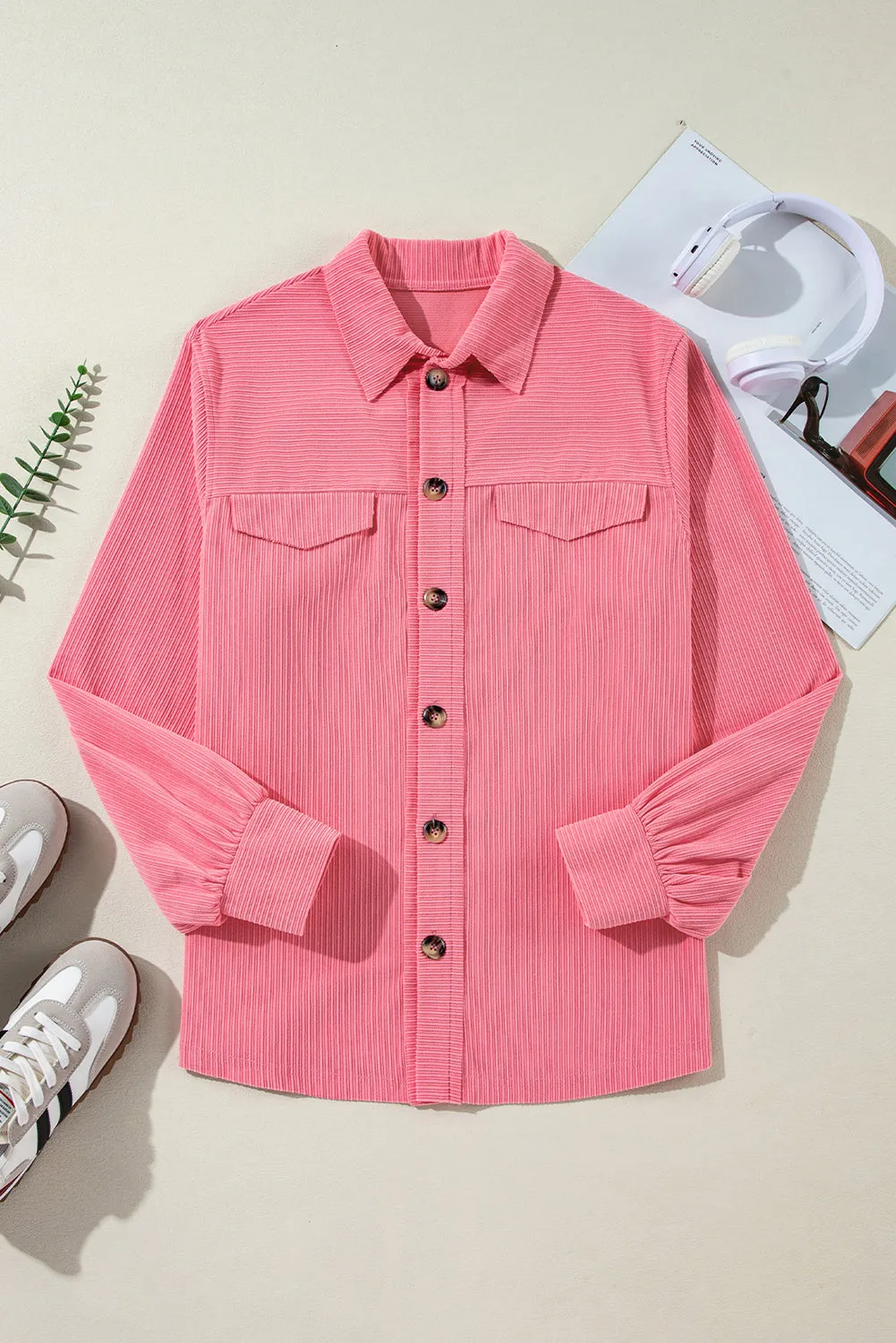 KaleaBoutique Corduroy Flap Detail Button Up Split Shacket