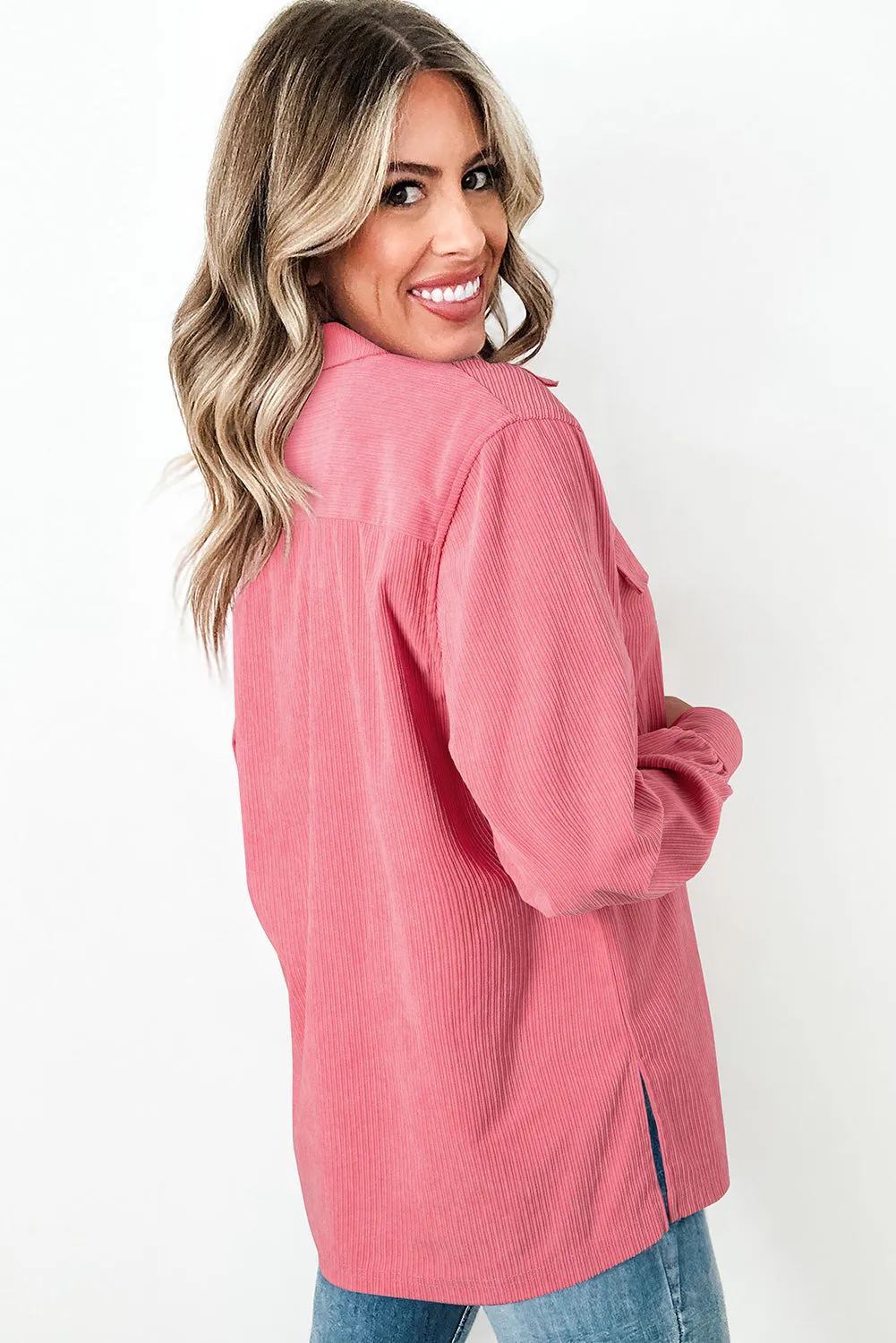 KaleaBoutique Corduroy Flap Detail Button Up Split Shacket