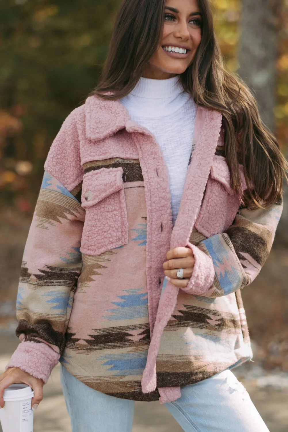 KaleaBoutique Western Aztec Print Sherpa Splicing Buttoned Flap Pocket Coat