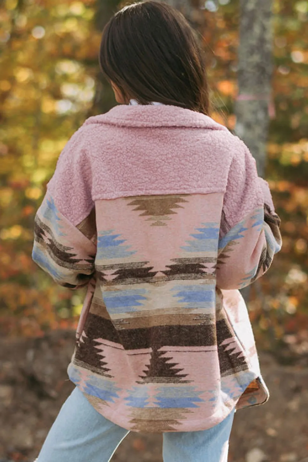 KaleaBoutique Western Aztec Print Sherpa Splicing Buttoned Flap Pocket Coat