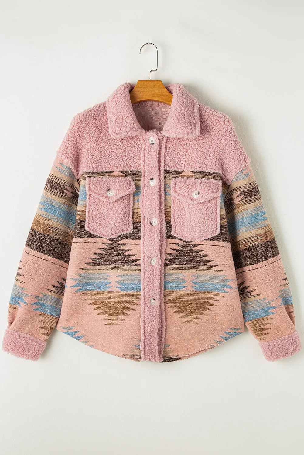 KaleaBoutique Western Aztec Print Sherpa Splicing Buttoned Flap Pocket Coat