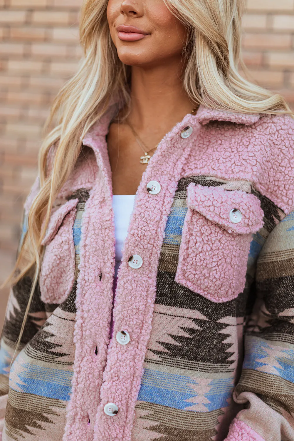 KaleaBoutique Western Aztec Print Sherpa Splicing Buttoned Flap Pocket Coat