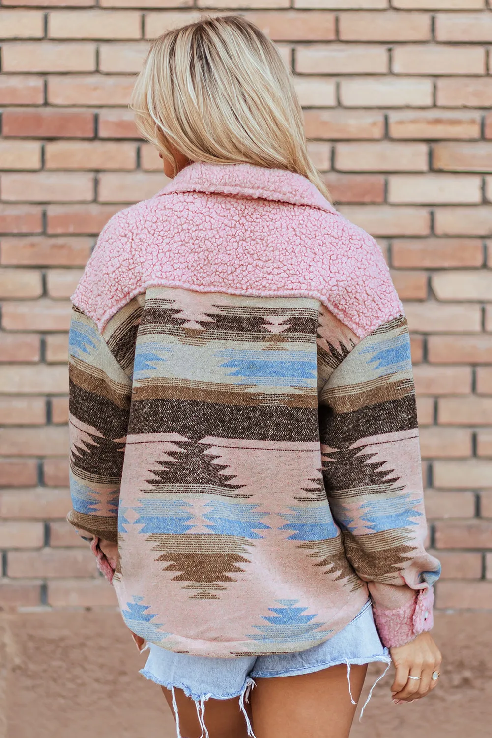 KaleaBoutique Western Aztec Print Sherpa Splicing Buttoned Flap Pocket Coat
