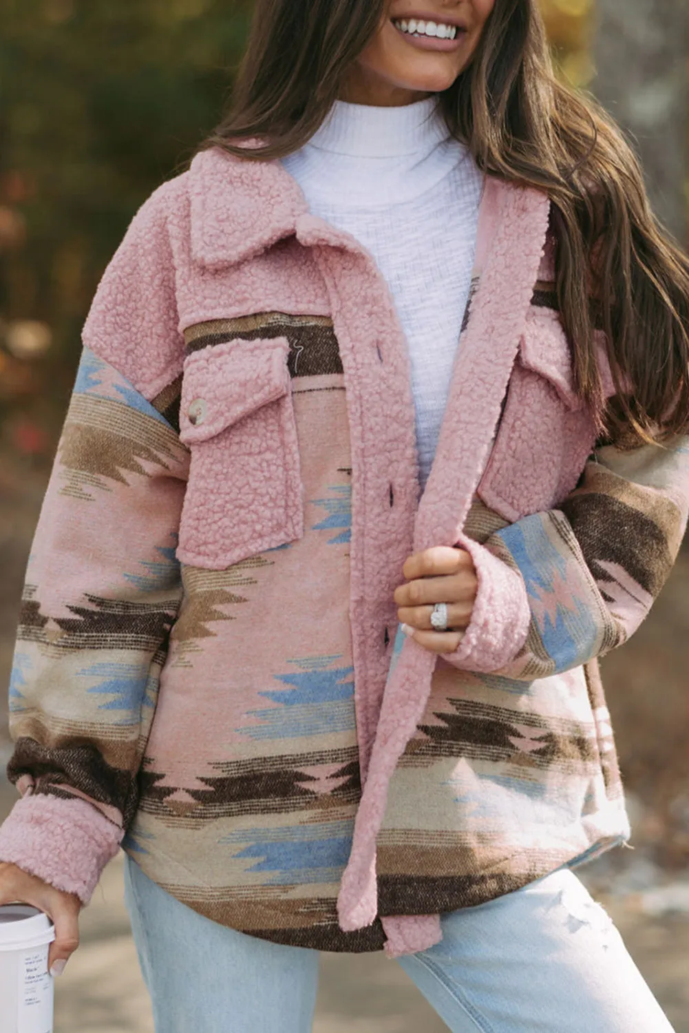 KaleaBoutique Western Aztec Print Sherpa Splicing Buttoned Flap Pocket Coat