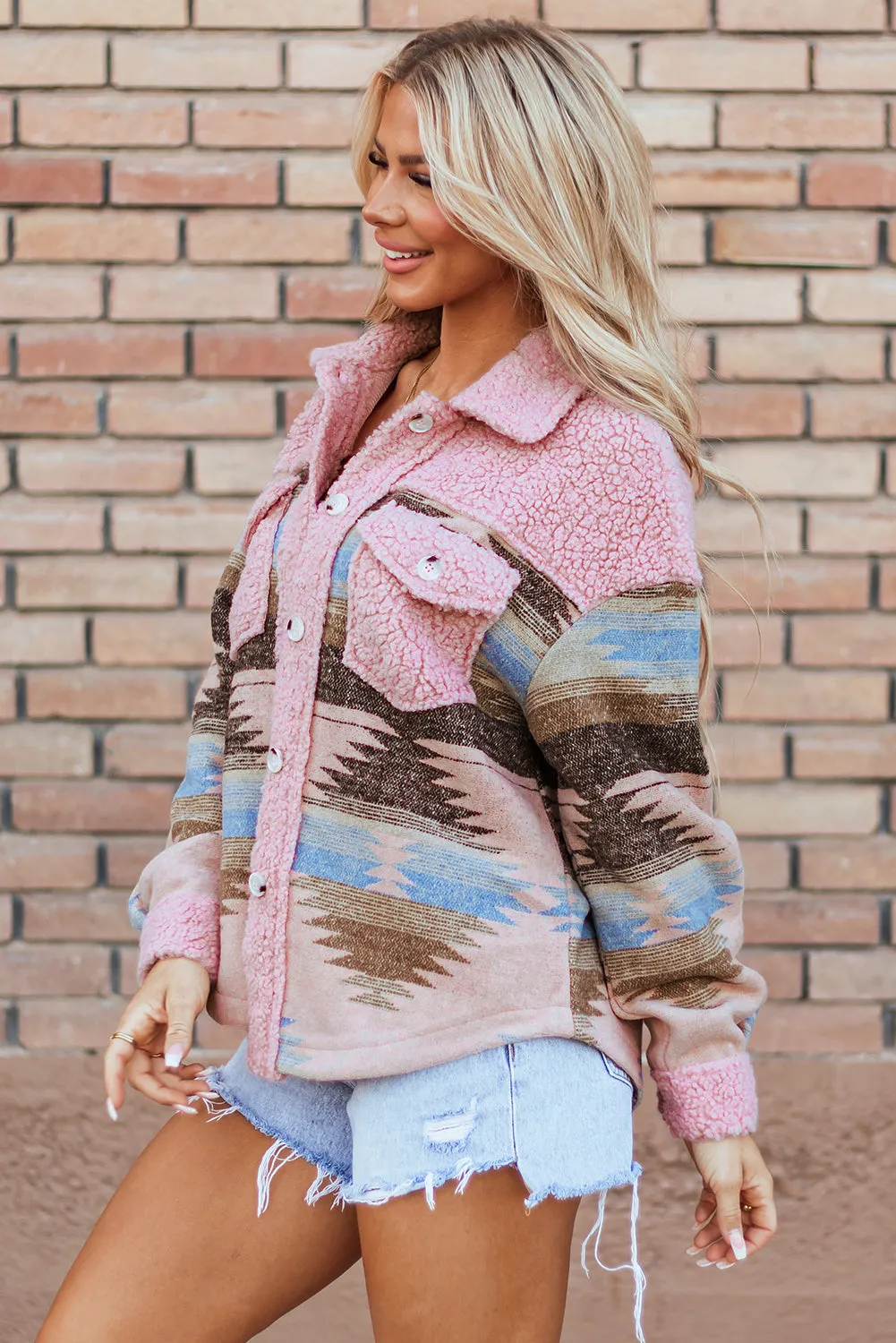 KaleaBoutique Western Aztec Print Sherpa Splicing Buttoned Flap Pocket Coat