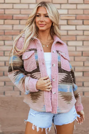KaleaBoutique Western Aztec Print Sherpa Splicing Buttoned Flap Pocket Coat