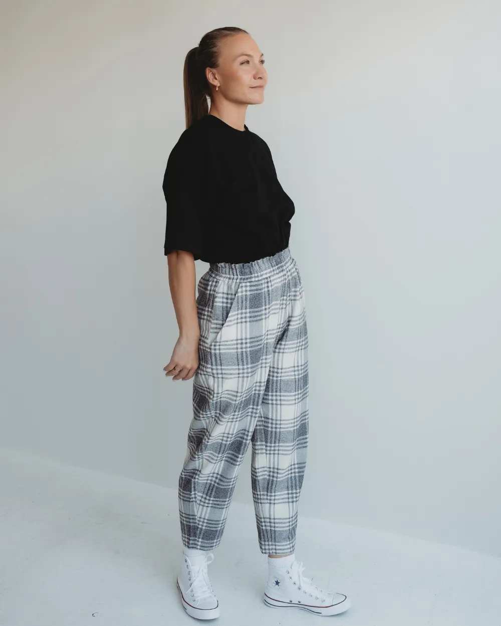Kate Multicolour Brushed Check Print Barrel Leg Trousers