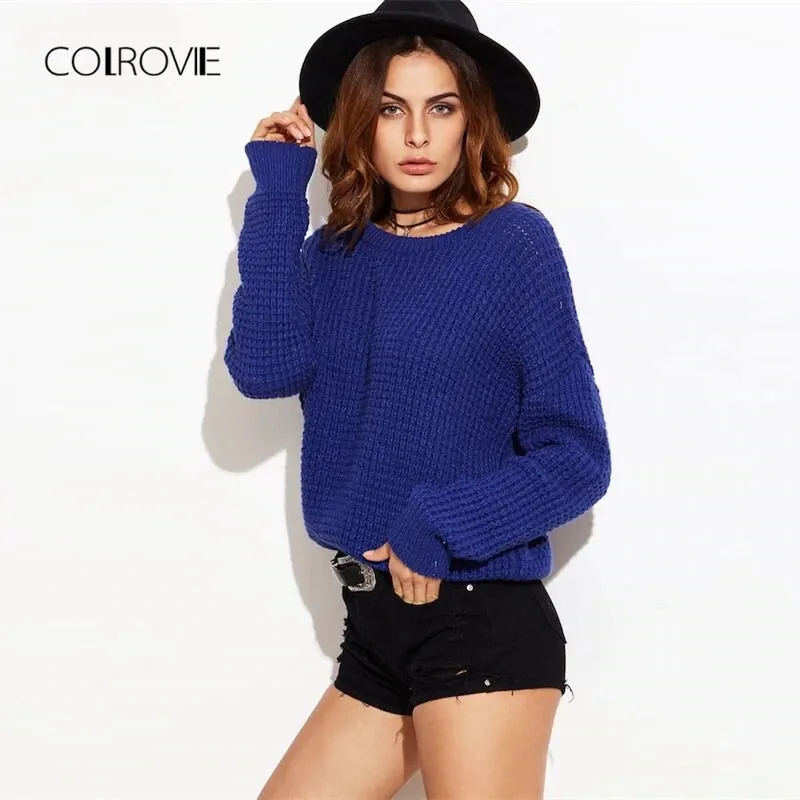 Knitted Waffle Sweater - Blue