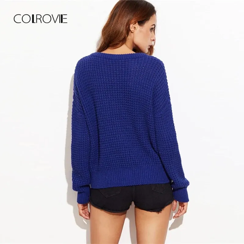 Knitted Waffle Sweater - Blue