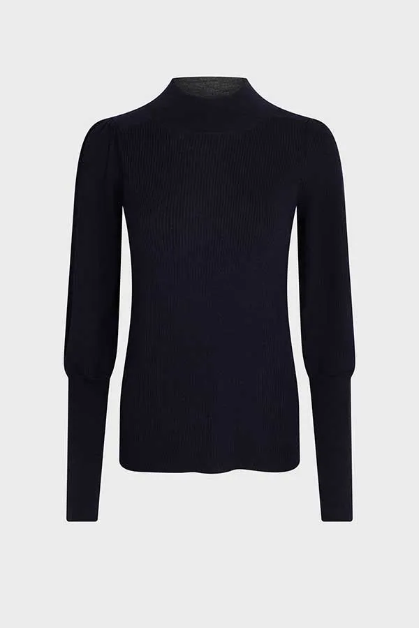 LANCELOT NAVY STAND UP COLLAR FINE WOOL RIBBED SWEATER
