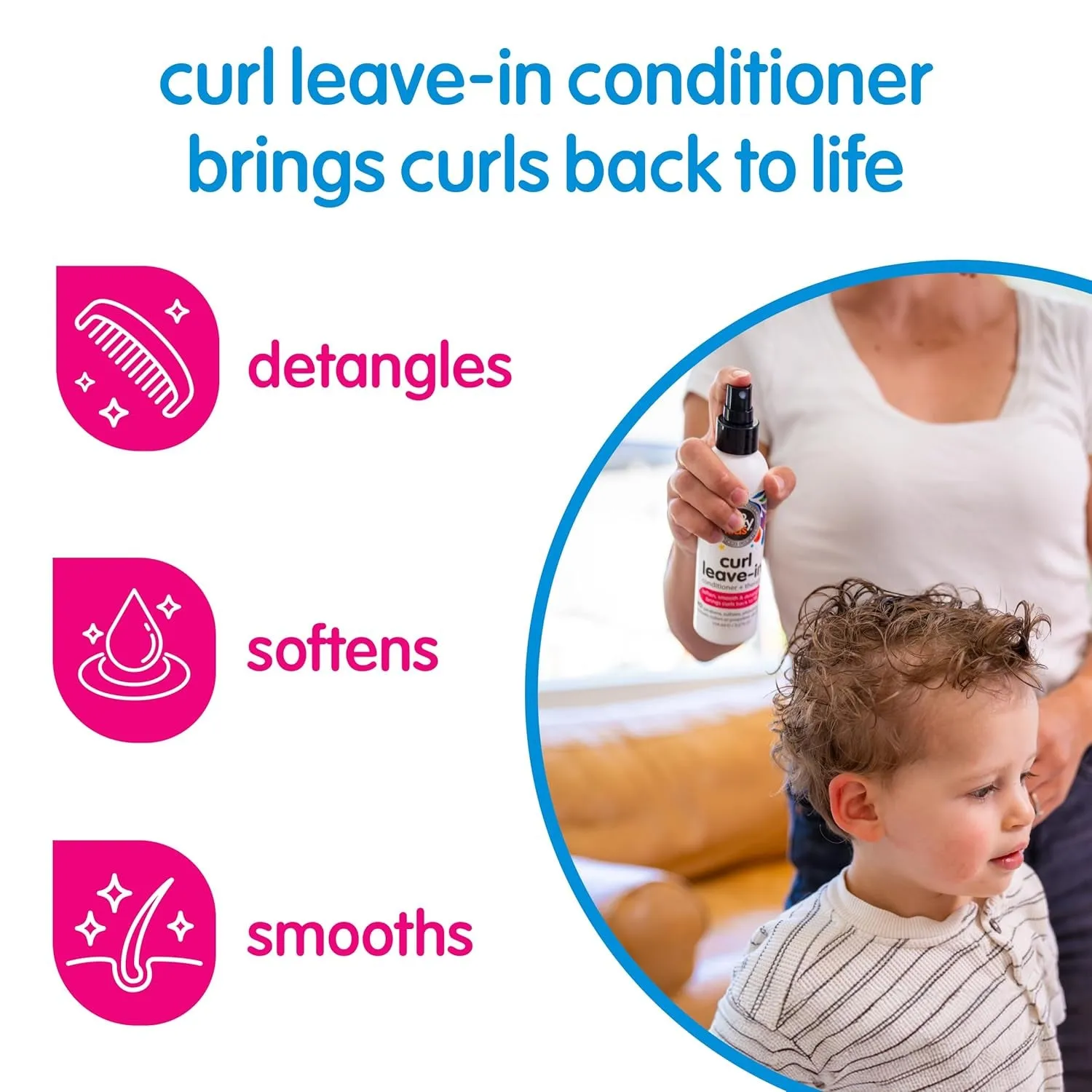 Leave in Conditioner Spray (8 Fl Oz) Paraben-Free Detangler for Kids' Curly Hair, Deep Conditioner & Tangle-Free Curls, Gentle & Nourishing with Keratin, Vitamin B5, Olive Oil & Jojoba Oil
