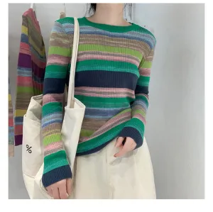 Loose Stretchy  Striped Colors Sweater