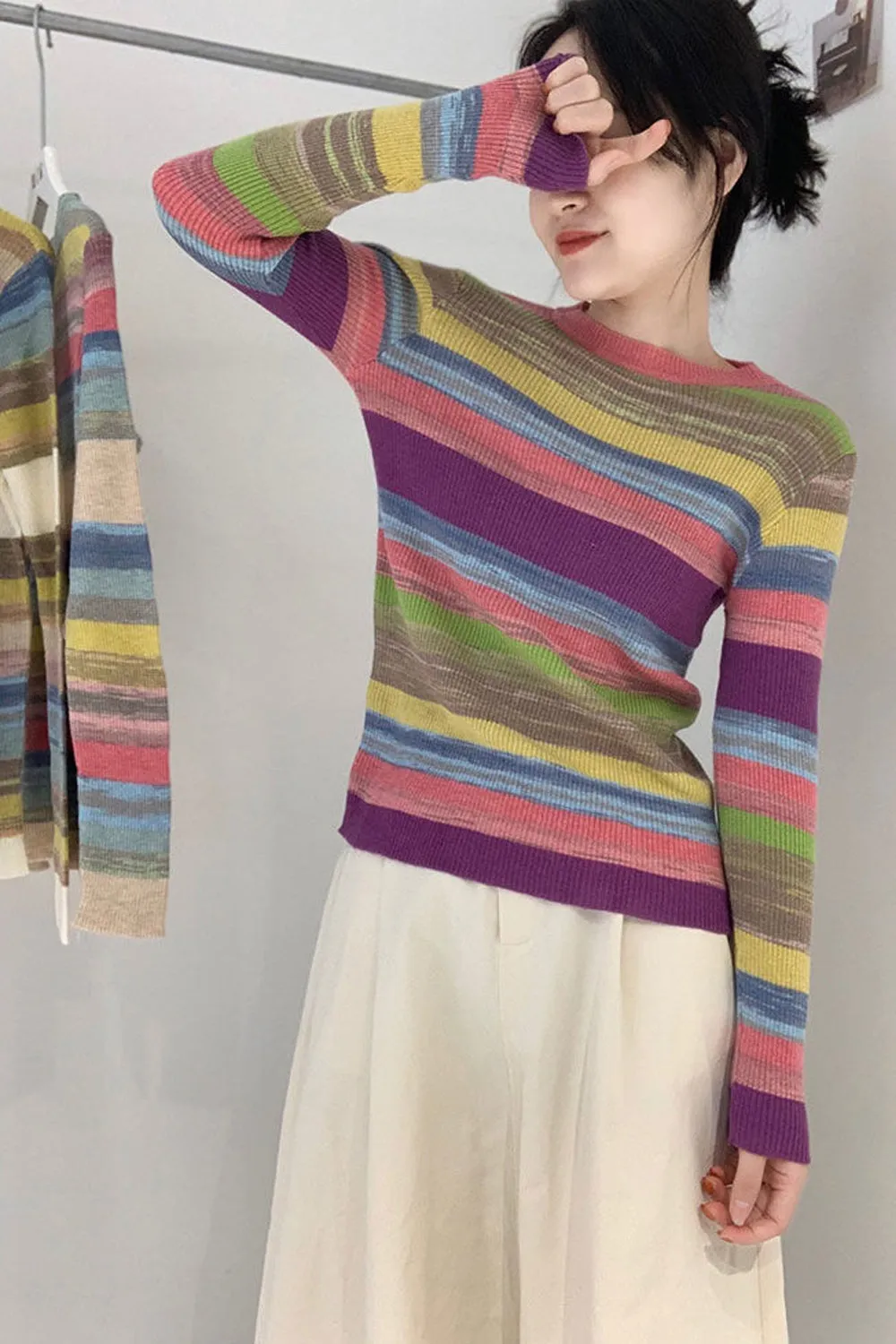 Loose Stretchy  Striped Colors Sweater