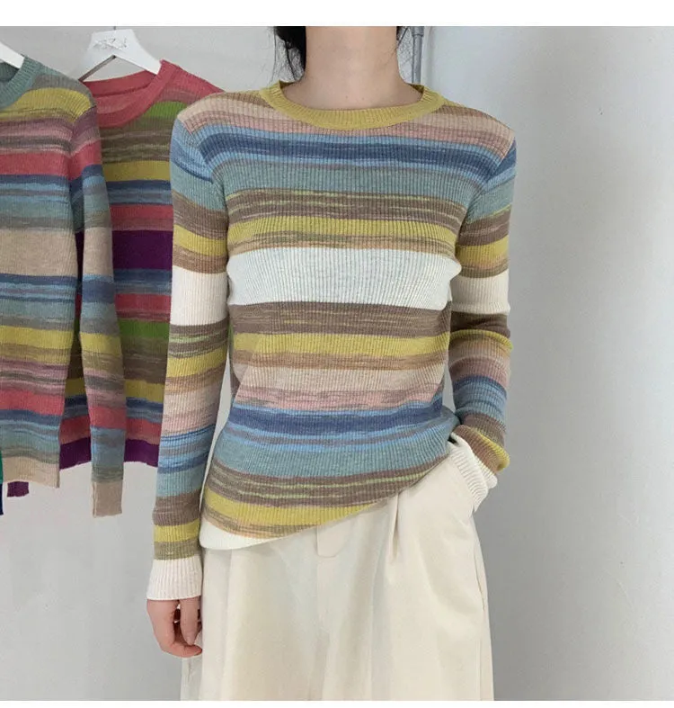 Loose Stretchy  Striped Colors Sweater