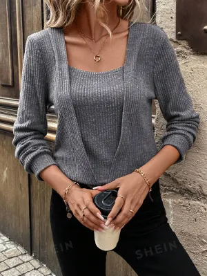 LUNE 2pcs/Set Women's Casual Ribbed Textured Fleece Sweatshirt For Everyday Wear, Fall/Winter