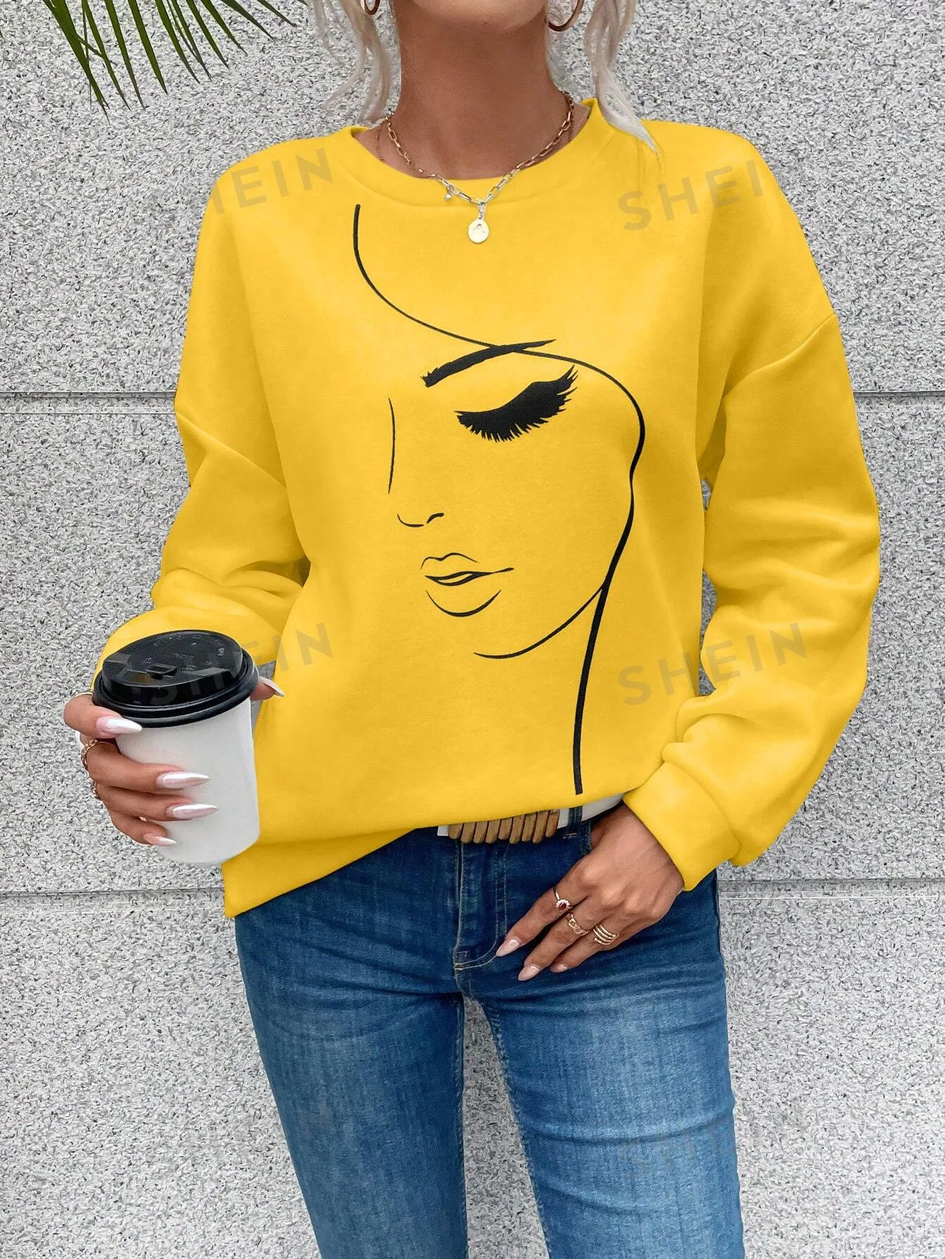 LUNE Women's Minimalist Graphic Print Crew Neck Long Sleeve Sweatshirt