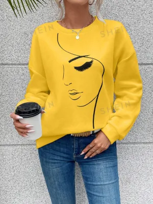 LUNE Women's Minimalist Graphic Print Crew Neck Long Sleeve Sweatshirt