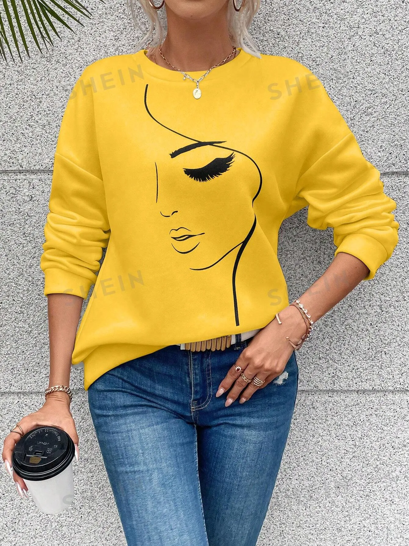 LUNE Women's Minimalist Graphic Print Crew Neck Long Sleeve Sweatshirt