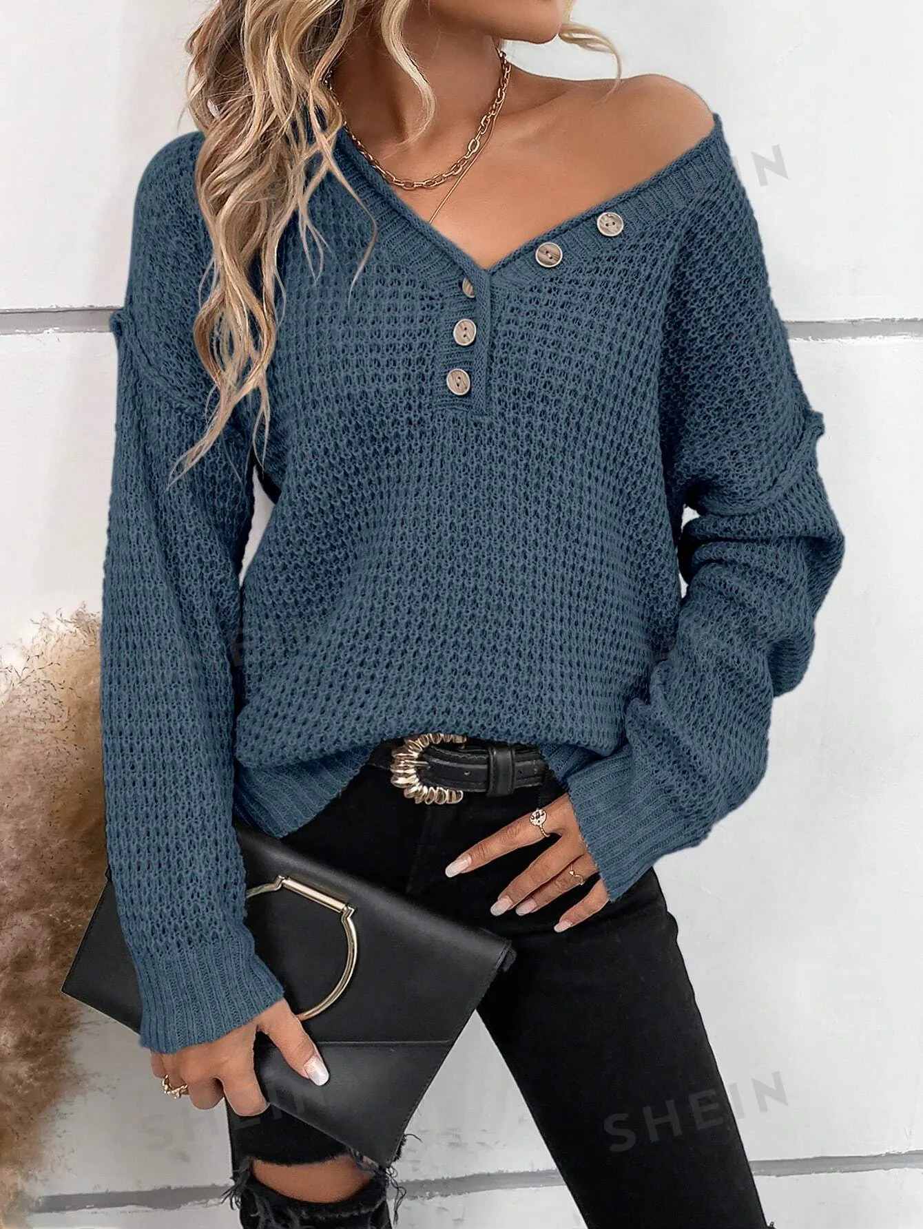LUNE Women's Solid Color Button Decor Casual Pullover Sweater