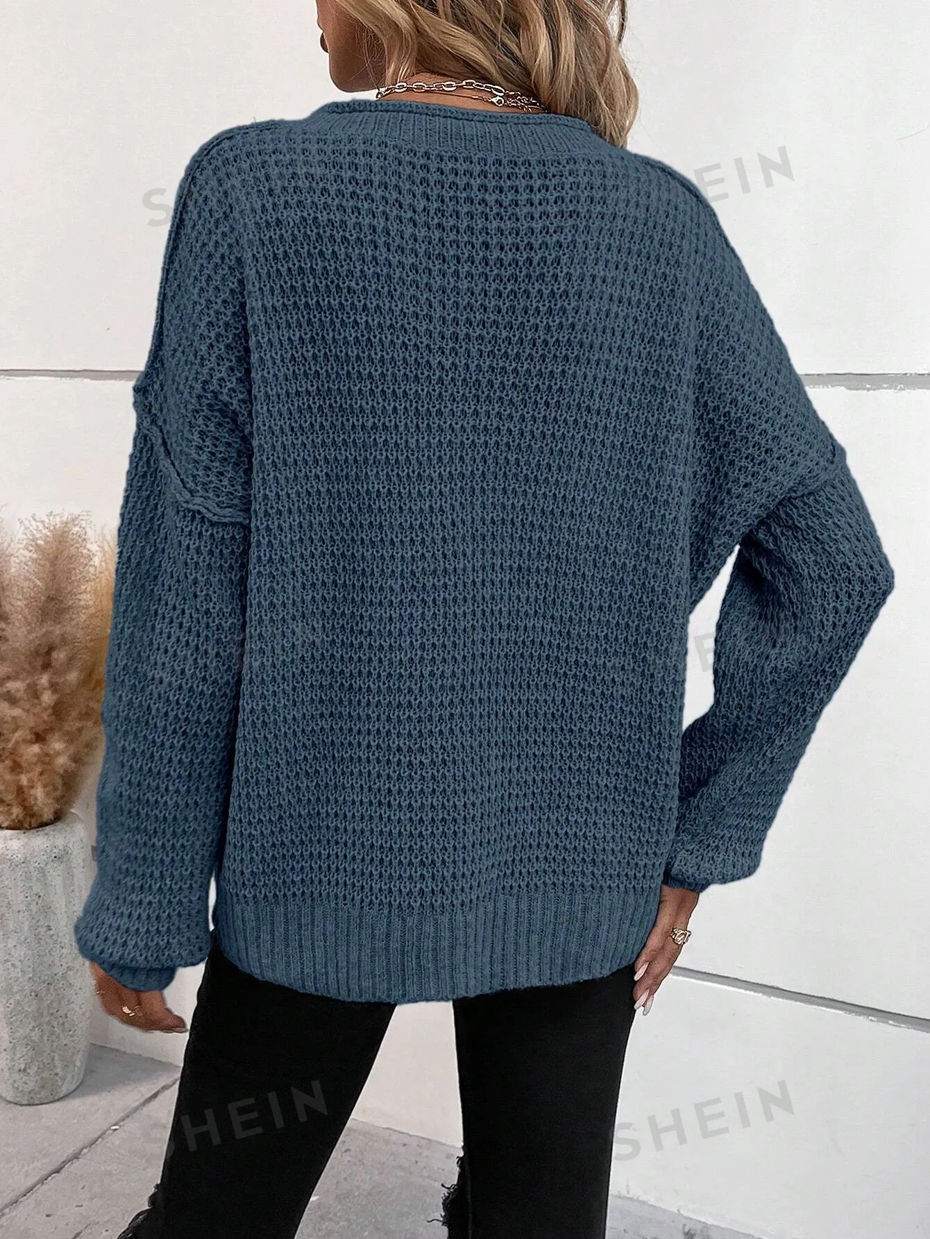 LUNE Women's Solid Color Button Decor Casual Pullover Sweater