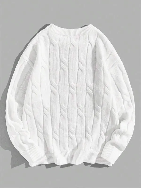 Manfinity Homme Men Solid Cable Knit Sweater Round Neck Long Sleeve Plain White Urban Casual Sweater