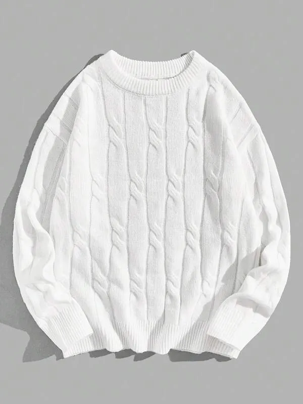 Manfinity Homme Men Solid Cable Knit Sweater Round Neck Long Sleeve Plain White Urban Casual Sweater