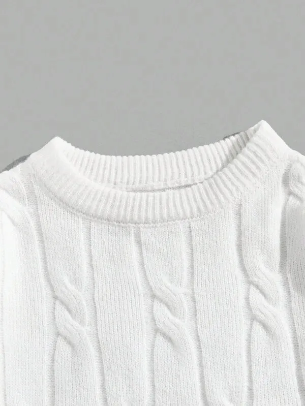 Manfinity Homme Men Solid Cable Knit Sweater Round Neck Long Sleeve Plain White Urban Casual Sweater