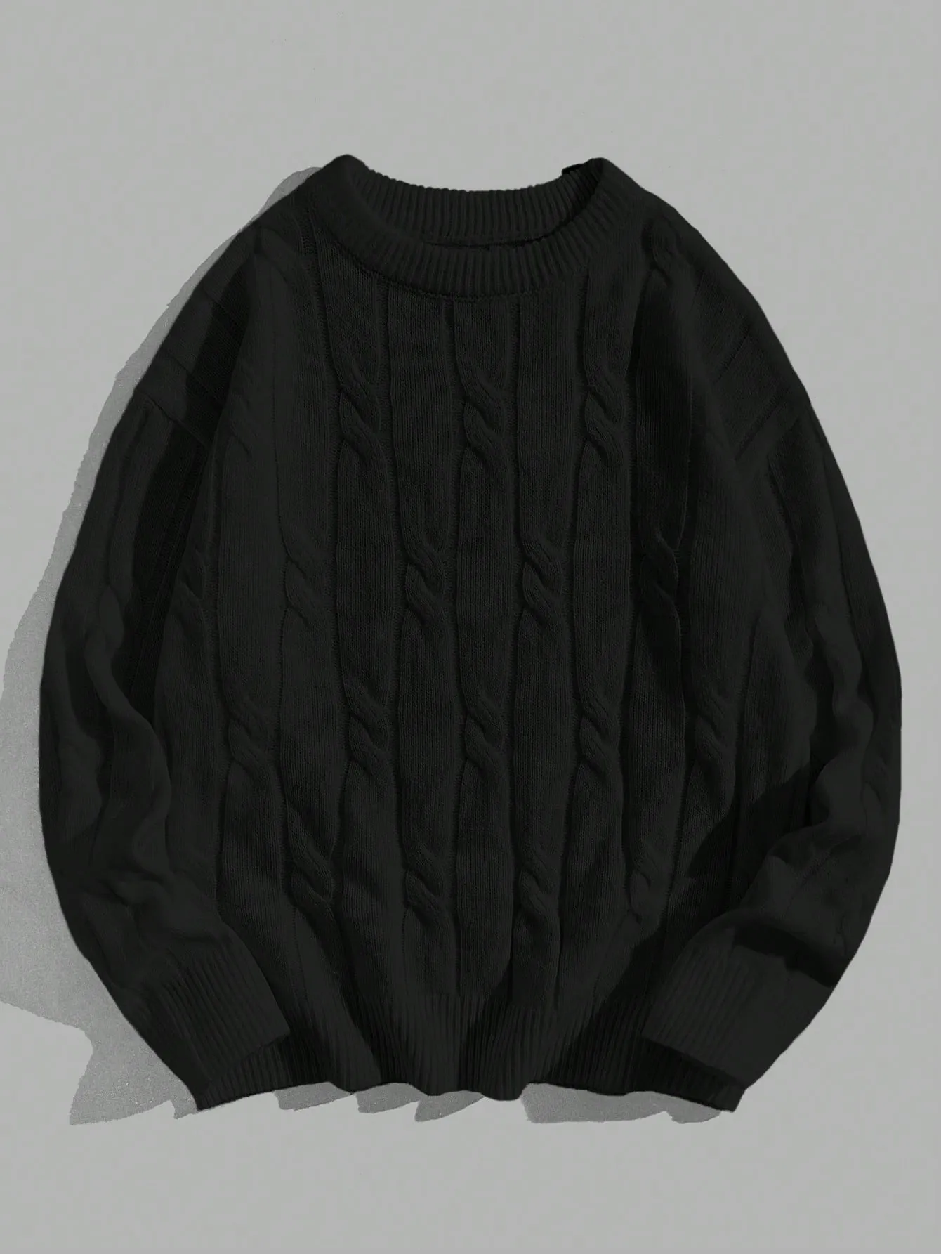 Manfinity Homme Men Solid Cable Knit Sweater Round Neck Long Sleeve Plain White Urban Casual Sweater
