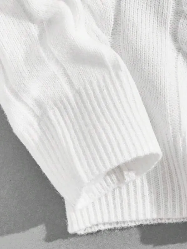 Manfinity Homme Men Solid Cable Knit Sweater Round Neck Long Sleeve Plain White Urban Casual Sweater