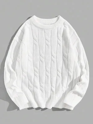 Manfinity Homme Men Solid Cable Knit Sweater Round Neck Long Sleeve Plain White Urban Casual Sweater