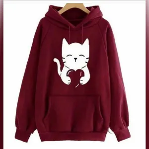 Maroon Cute Cat Printed Fleece Full Sleeves Pull Over Hoodie For Women