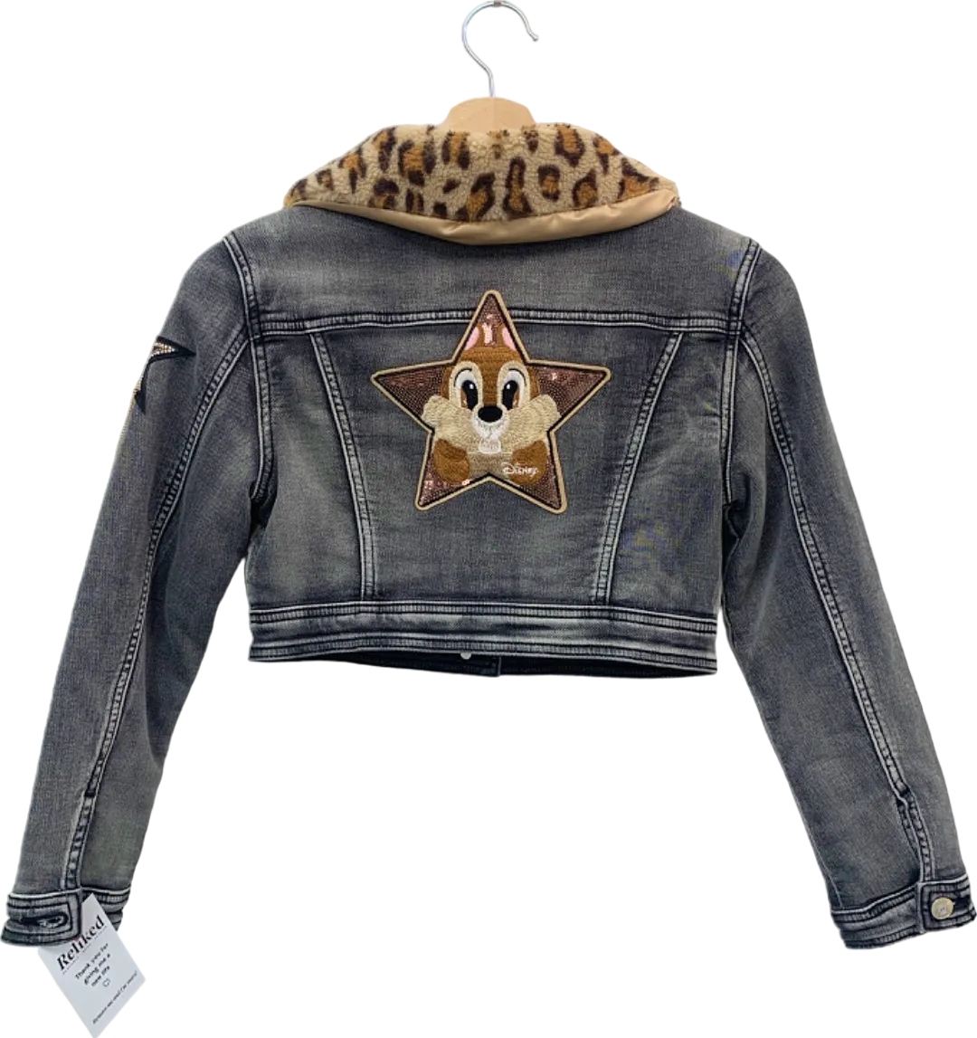 Monnalisa Grey Denim Jacket with Leopard Print Fur Collar SZ  140cm 10 years