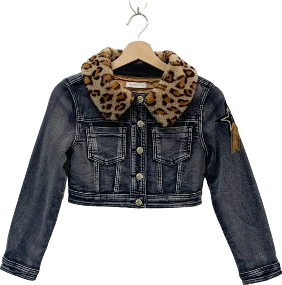 Monnalisa Grey Denim Jacket with Leopard Print Fur Collar SZ  140cm 10 years
